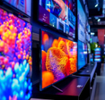 Shelves of TVs on display in a store.