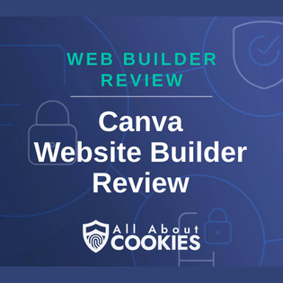 A blue background with images of locks and shields and the text &quot;Canva Website Builder Review&quot;