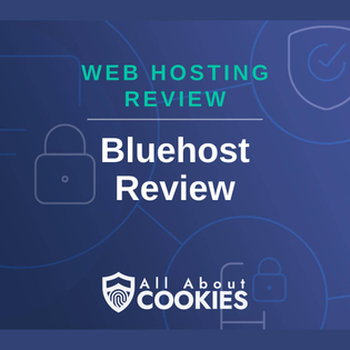 A blue background with images of locks and shields and the text &quot;Bluehost Review&quot;