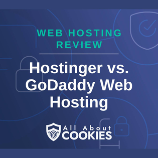 A blue background with images of locks and shields and the text "Hostinger vs. GoDaddy Web Hosting"