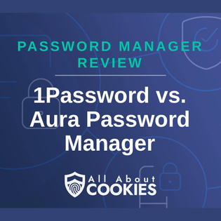 A blue background with images of locks and shields and the text "1Password vs. Aura Password Manager"
