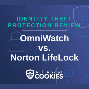 A blue background with images of locks and shields and the text &quot;OmniWatch vs. Norton LifeLock&quot;