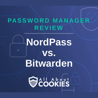 A blue background with images of locks and shields and the text "NordPass vs. Bitwarden"