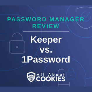 A blue background with images of locks and shields and the text "Keeper vs. 1Password"