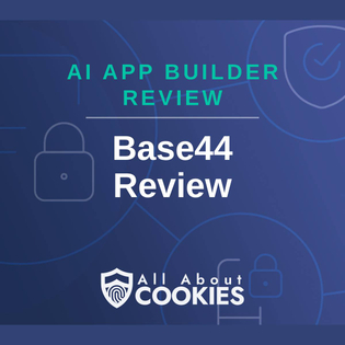 A blue background with locks and the text "AI App Builder Review: Base44 Review"