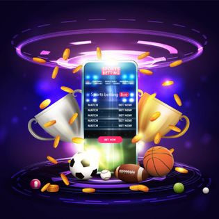 Sports betting concept with sports app surrounded by sports equipment balls