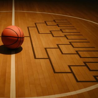 A basketball on a court with itsshadow forming a tournament bracket