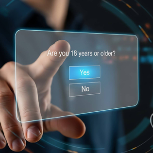 A concept of age verification with a person prompted if they are 18 years or older yes or no