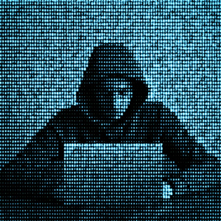 Grainy image of computer code atop hooded hacker using laptop