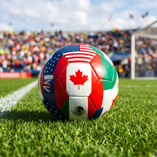 Football world cup soccer ball decorated with flags of 2026 hosts on green soccer field
