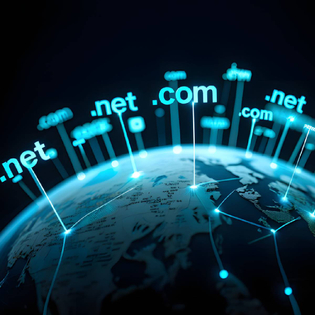 domain names .net and .com hover above a digital globe with network connections