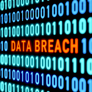 Red text that says Data Breach in lines of binary code.
