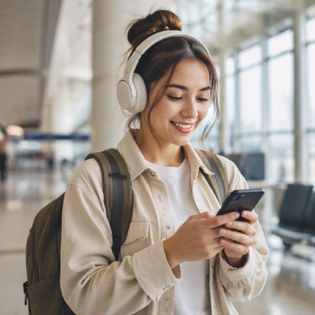 Female traveler in airport terminal using smartphone