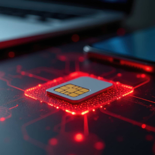 SIM card on glowing red circuit board with laptop and phone