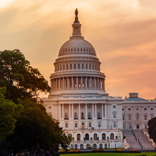 The U.S. House of Representative building at dusk.