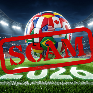 Soccer ball with the flags of the world on it, representing the FIFA world cup, and the word 2026 underneath. Overlain is the word "Scam".