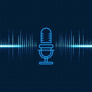 Glowing neon microphone with dynamic audio waveform and particle sound signals on dark blue grid background.