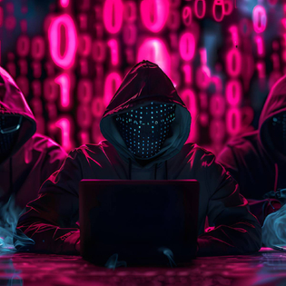 A group of hooded hackers in front of laptops with neon zeros and ones cascading in the background