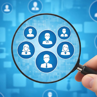 A hand holding a magnifying glass over blue digital user profiles
