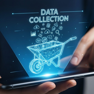 Hands holding a smartphone that projects a hologram of a wheelbarrow being filled with data icons.
