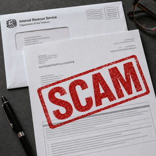 Letter addressed from the IRS with bold red SCAM stamped across it.