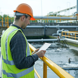 Environmental engineer in a reflective vest inspecting a wastewater treatment plant with a digital tablet.