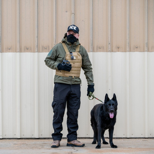 n Immigration and Customs Enforcement (ICE) officer and a black German Shepherd conduct surveillance.