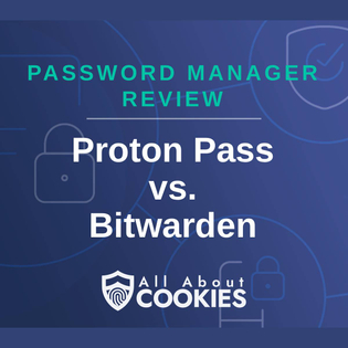 A blue background with locks and the text "Proton Pass vs. Bitwarden"