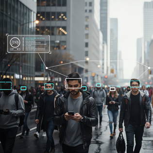 Crowd of people walking through a city street, with digital facial recognition overlays highlighting their faces.