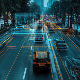 A road with cars being scanned by a license plate reader.