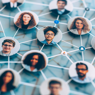 A diverse network of interconnected people portraits