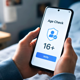Hands Holding a Smartphone, Pop-Up Age Verification Window with Text is Displayed on Screen.