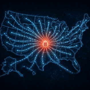 Map of the united states connected by data lines flowing to a central database.