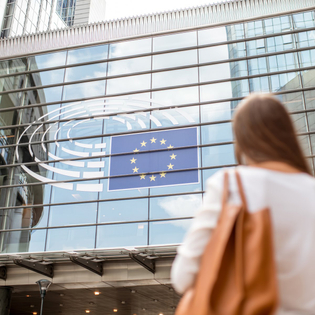Young businesswoman standing back near the Parliament building of European Union in Brussel city.