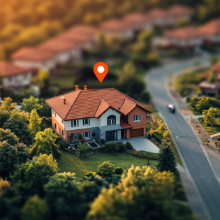 Aerial view of suburban neighborhood with house pinned red icon
