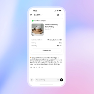 Screenshot of ChatGPT Shopping demo making a purchase right in the chat.