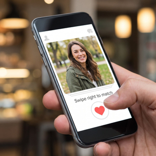 Close-up of a hand holding a smartphone displaying a dating app profile with a smiling woman and a 'Swipe right to match' button in a cafe setting.