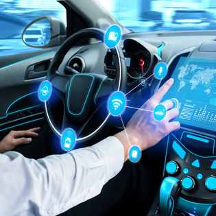 Driverless car interior with futuristic dashboard for autonomous control system.