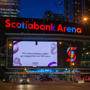 Scotiabank Arena in downtown Toronto illuminated at night
