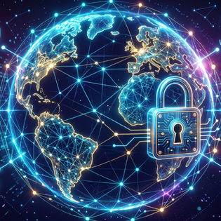 Global digital security network with earth as digital globe and servers with padlock