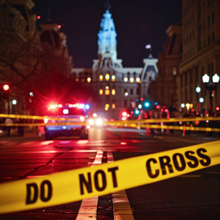 Philadelphia downtown at night building in background with police do not cross tape in foreground