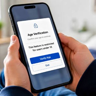 Hands Holding a Smartphone, a Pop-Up Age Verification Window with Text Interface is Displayed on Screen for users under 16