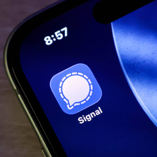 Closeup of the signal messaging app icon on a smartphone screen, displaying the iconic white speech bubble logo against a blue background