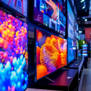 Shelves of TVs on display in a store.