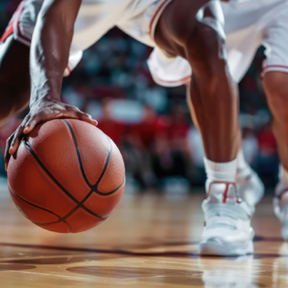 Close up of two pro basketball players jockeying for the basketball 