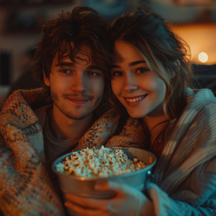 Young couple cozy watching a romance movie with popcorn