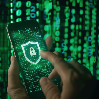 A close-up of a hand holding a smartphone displaying a digital shield with a lock on it, against a green matrix background of binary code.