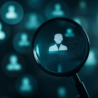 Concept of exposed digital data: magnifying glass highlighting a digital profile