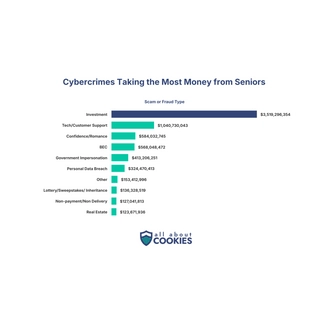 Bar chart of cybercrimes taking the most money from seniors by total losses. Investment fraud dominates at $3.52 billion, followed by tech/customer support ($1.04 billion) and confidence/romance ($584 million). Source: 2025 FBI Internet Crime Report.