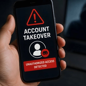 Person holding phone with message "account takeover, unauthorized access detected" onscreen